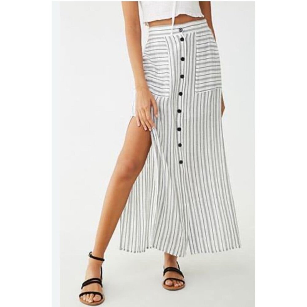 Forever 21 Maxi Skirt Sz L Slits Black White Gauzy Stripe‎ Boho Beach Summer